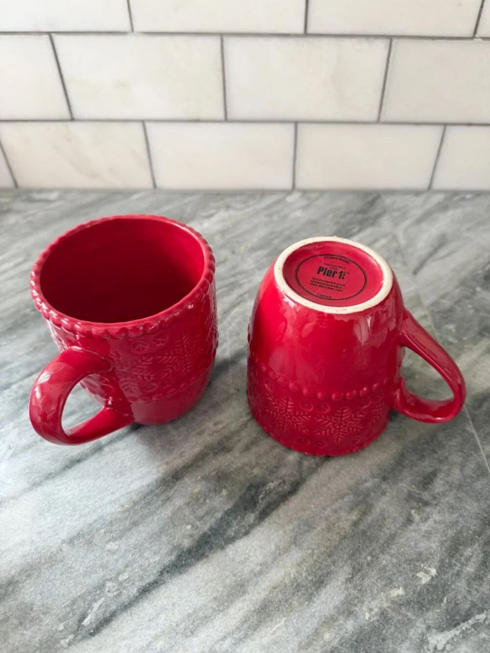 Pier 1 Imports Red Embossed Snowflake Mugs - Set of 2 Beaded Rim Stoneware
